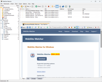 WebSite-Watcher main window with website monitoring results